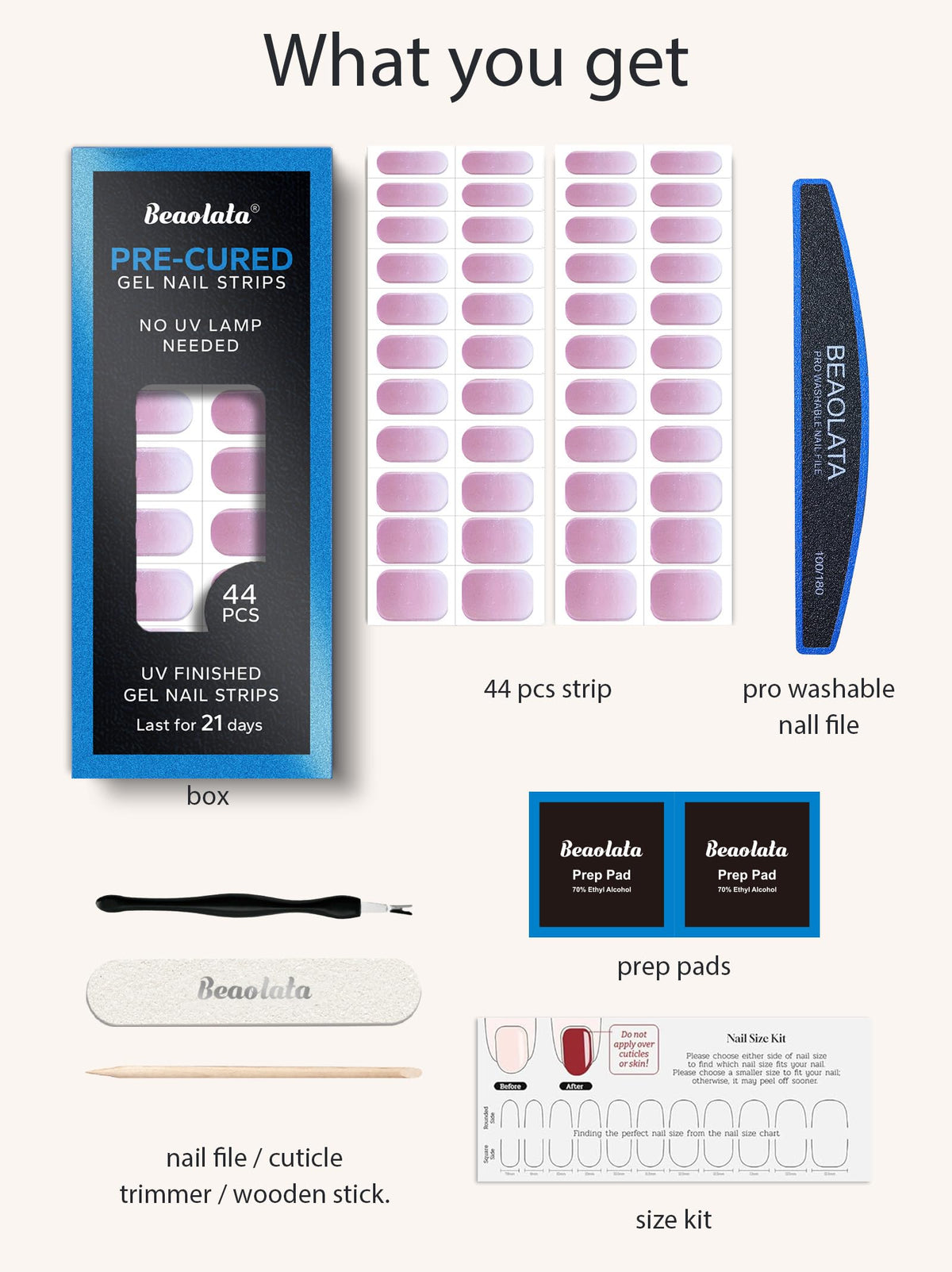 Beaolata long-wear gel strips maintain a glossy finish for up to 21 days.