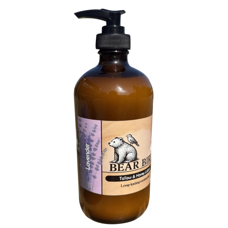 Bear Bird Lavender Lotion bottle showcases calming aroma for relaxed skin.