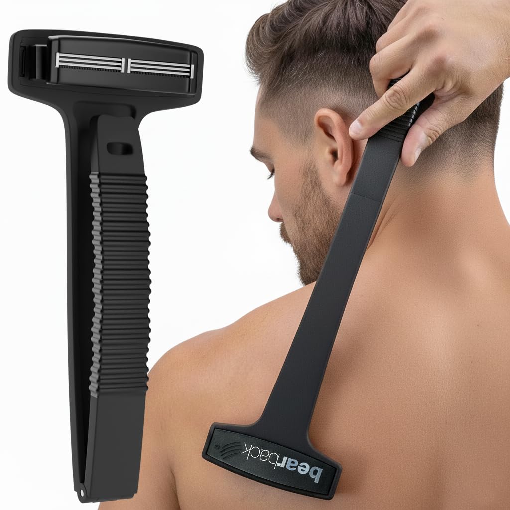 Bearback back shaver extended handle for easy back reach during solo grooming.