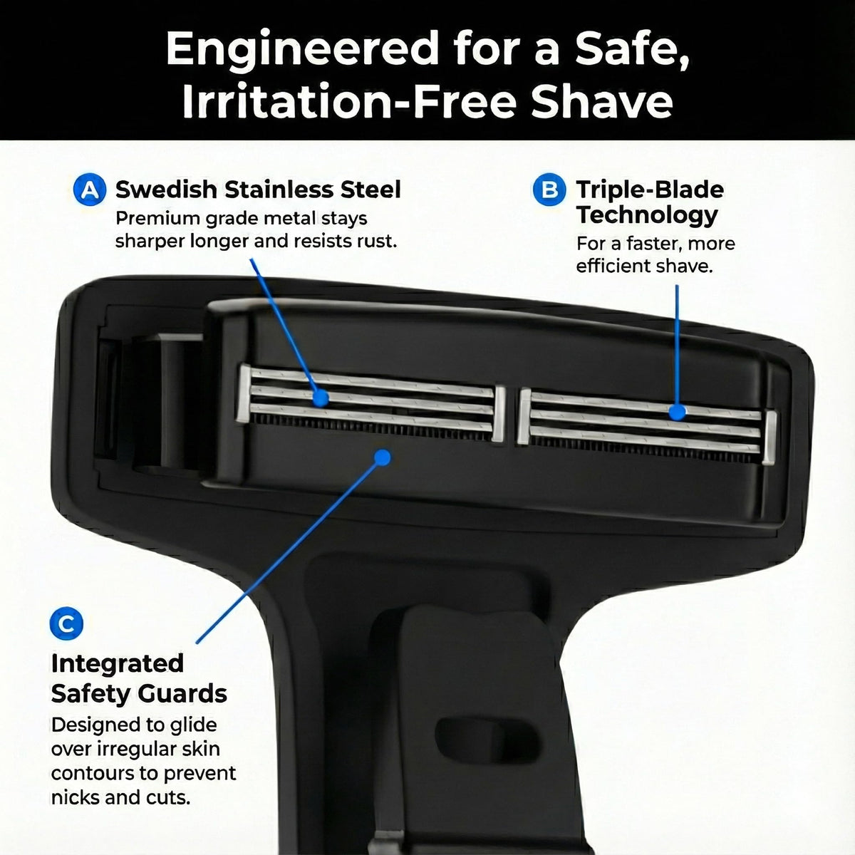 Bearback triple stainless steel heads offer versatile coverage over curves.