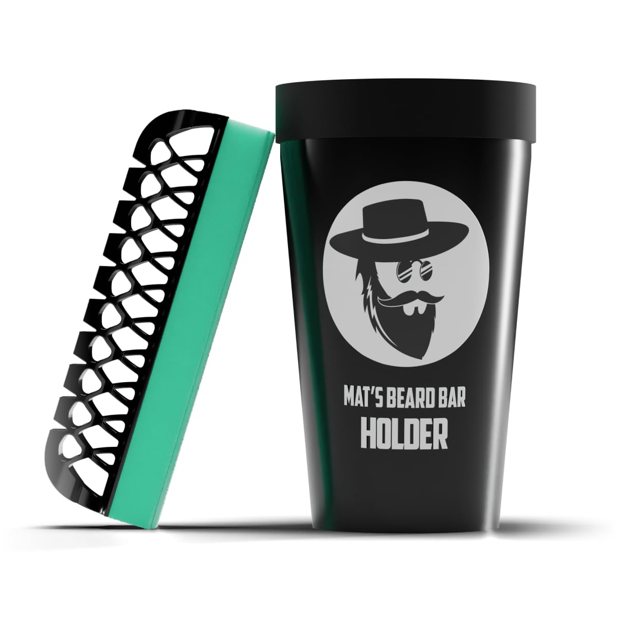 Close-up of Mat's Beard Bar Pro V2 holder showing flexible neck for easy maneuvering.