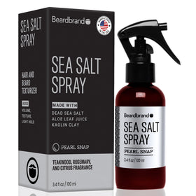 Beardbrand Sea Salt Spray bottle showing natural texture for beach-inspired hair.