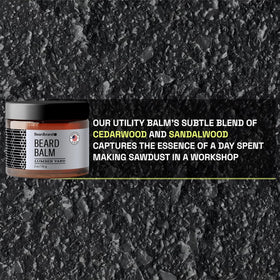 Beardbrand Utility Balm triple-butter formula nourishes skin and beard without pore clogging oils.