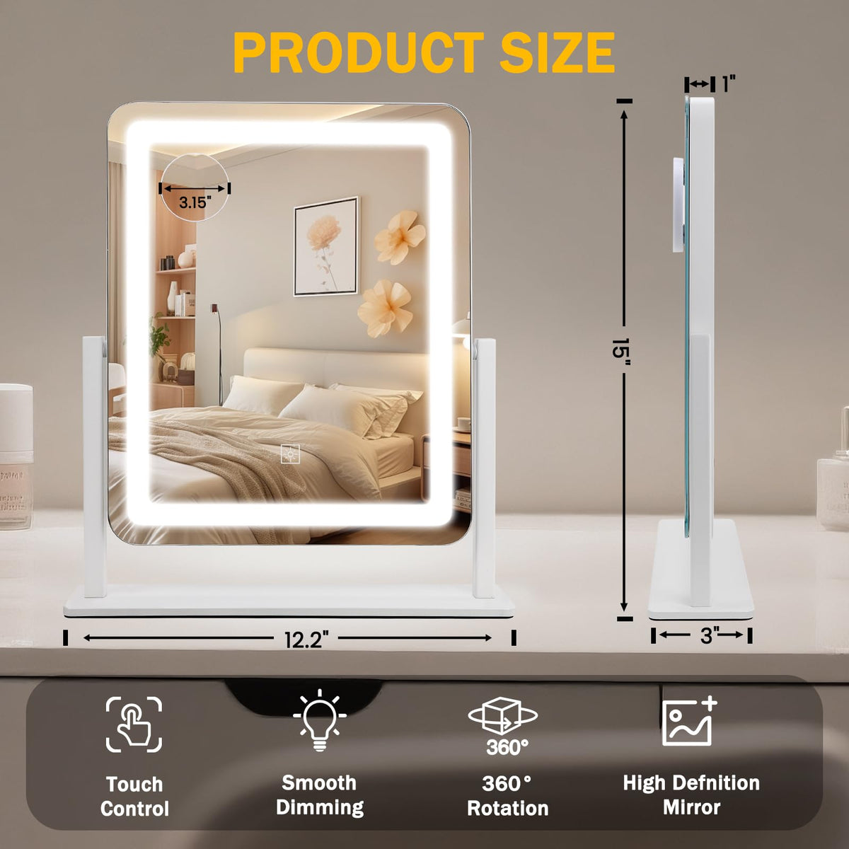 Bearolve vanity mirror with 360-degree rotation for flexible angles during routines.