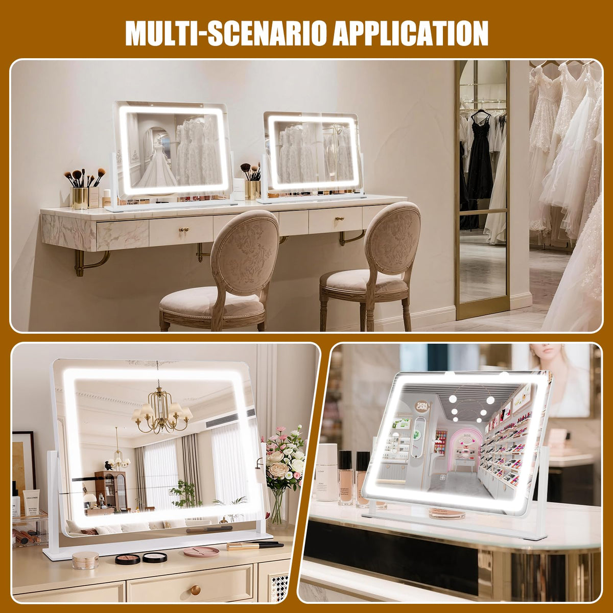 Bearolve vanity mirror used in low-light conditions for makeup detail