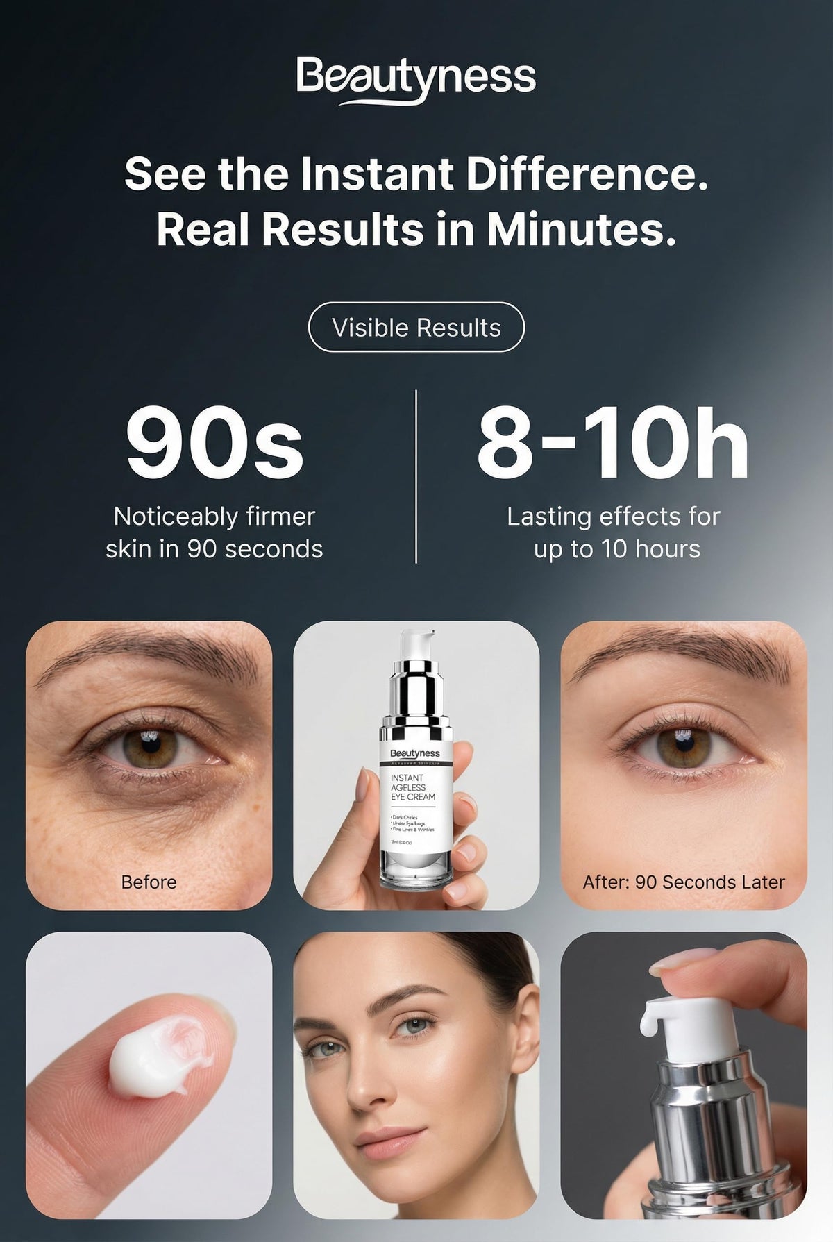 beatool Instant Ageless Eye Cream box and branding with promise of improved eye appearance