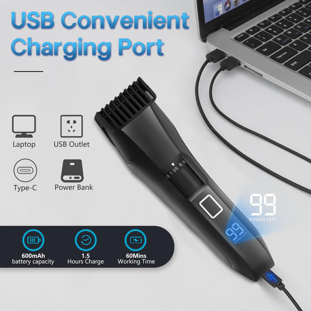 Beatslm trimmer charging via USB-C for on-the-go power