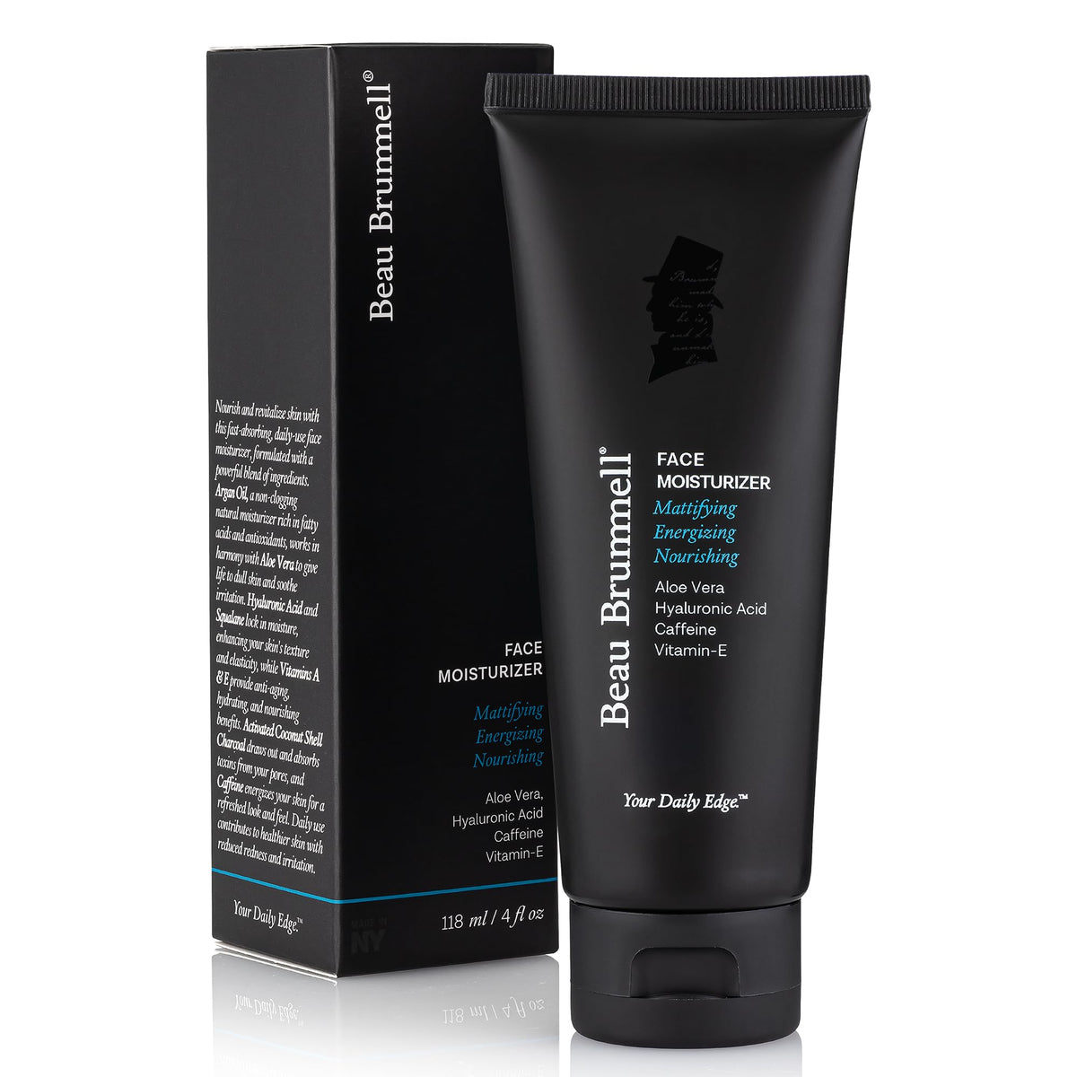 Beau Brummell user applying moisturizer during morning skincare routine.