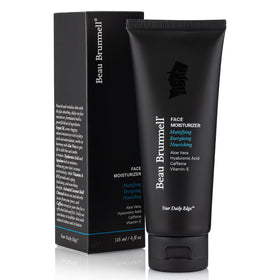 Beau Brummell user applying moisturizer during morning skincare routine.