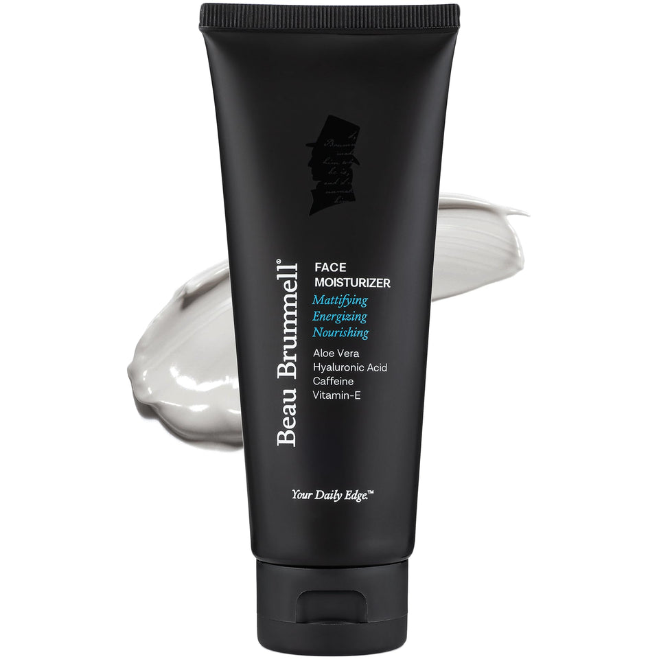 Beau Brummell matte finish moisturizer tube delivers non-greasy hydration for all skin types.