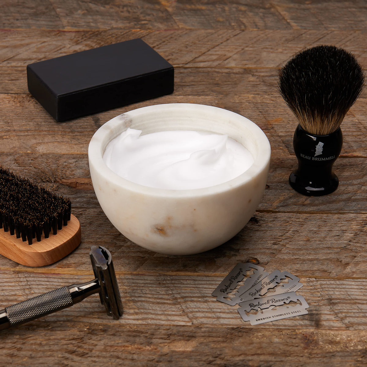 Beau Brummell marble shaving bowl supports rich lather and steady routine.