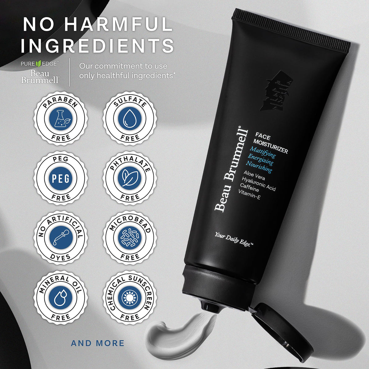 Beau Brummell paraben and sulfate-free formulation emphasized on packaging.