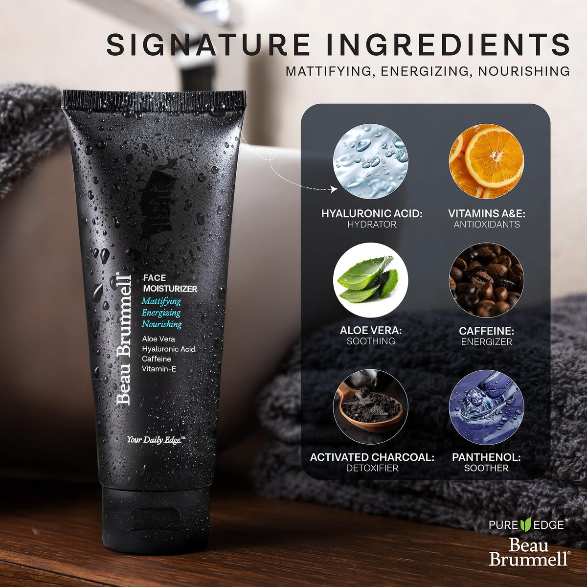 Beau Brummell vitamin A+E, aloe, and caffeine boost for energized skin.