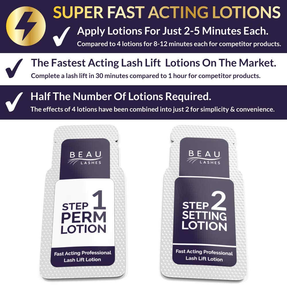 Beau Lashes lash lift lotion bottle collection ready for quick salon application.