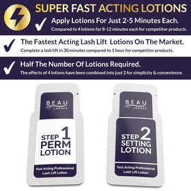 Beau Lashes lash lift lotion bottle collection ready for quick salon application.