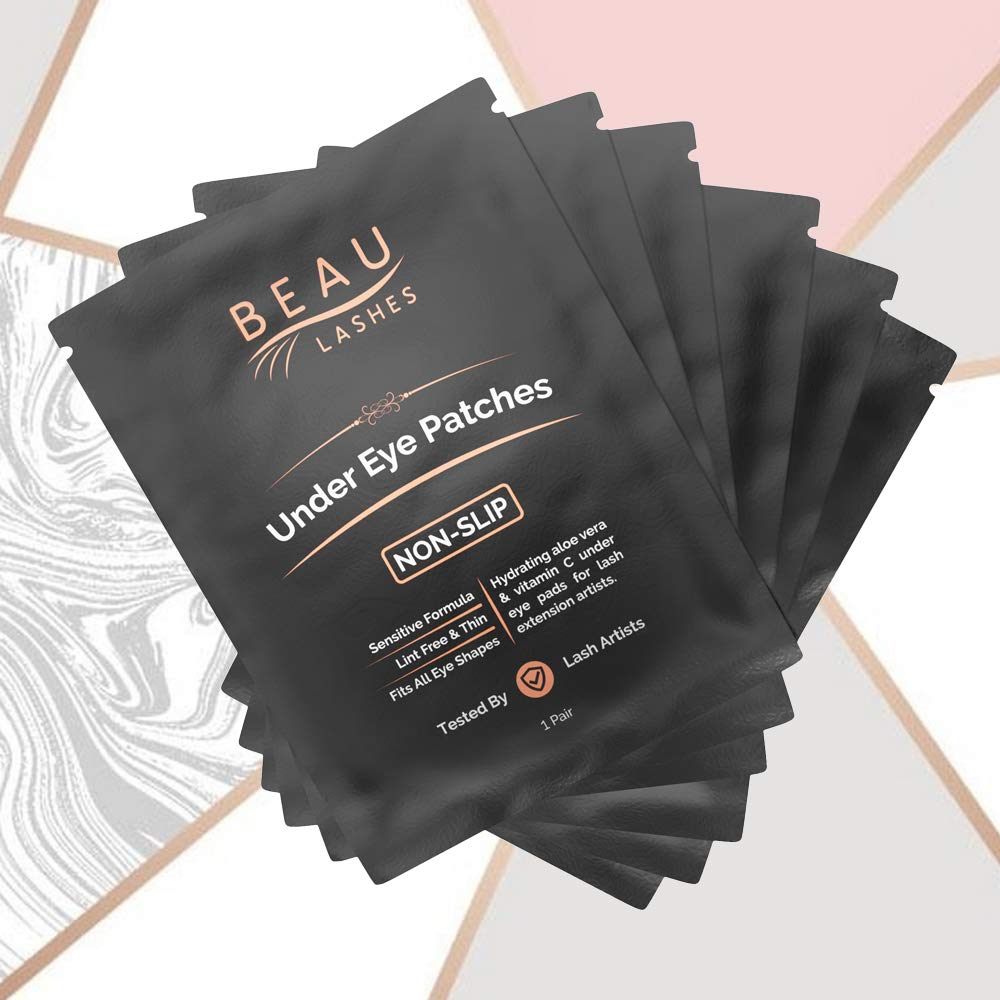 Beau Lashes eye pads placed during extensions protect lower lashes and skin.