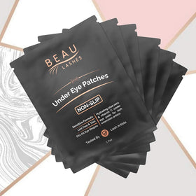 Beau Lashes eye pads placed during extensions protect lower lashes and skin.