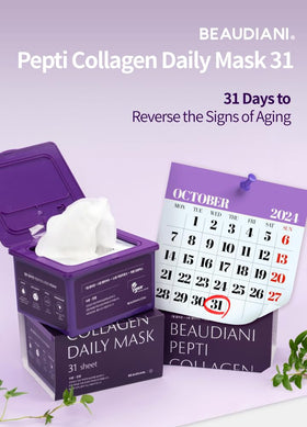 BEAUDIANI Pepti Collagen sheet mask ingredients panel highlighting 7 collagens and 6 peptides