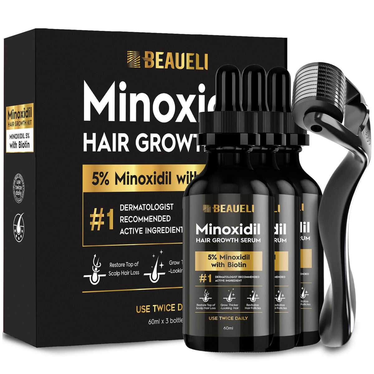 Beaueli Minoxidil bottle close-up for daily use and fuller appearance