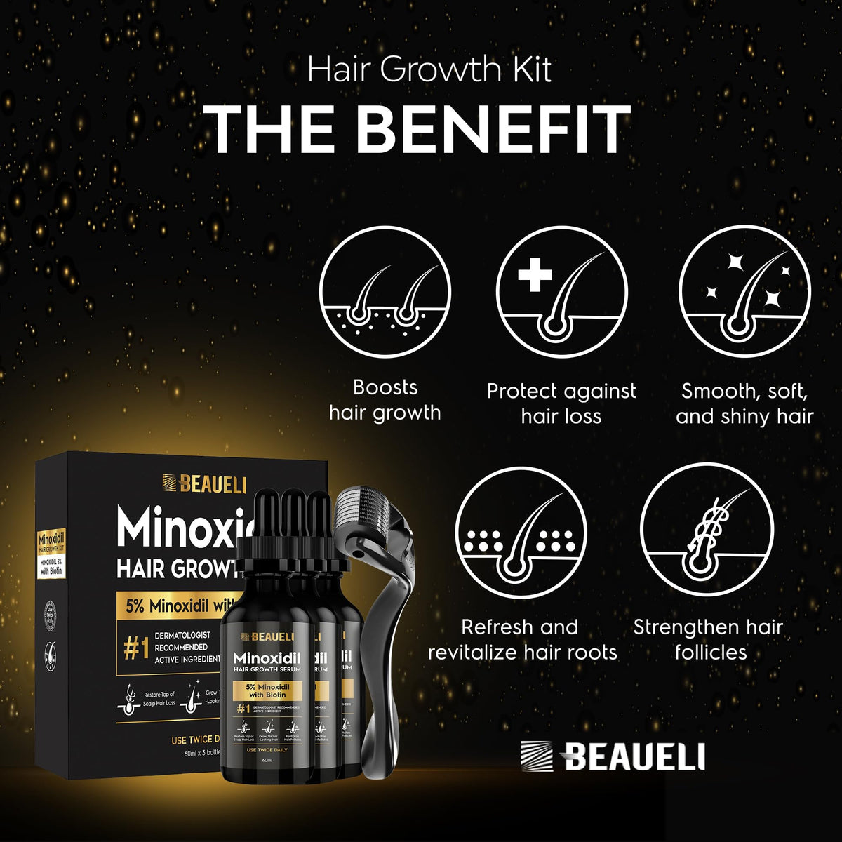Beaueli Minoxidil in-use routine illustrating quick absorption into daily grooming