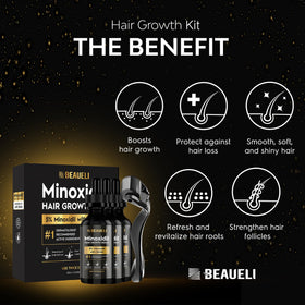 Beaueli Minoxidil in-use routine illustrating quick absorption into daily grooming