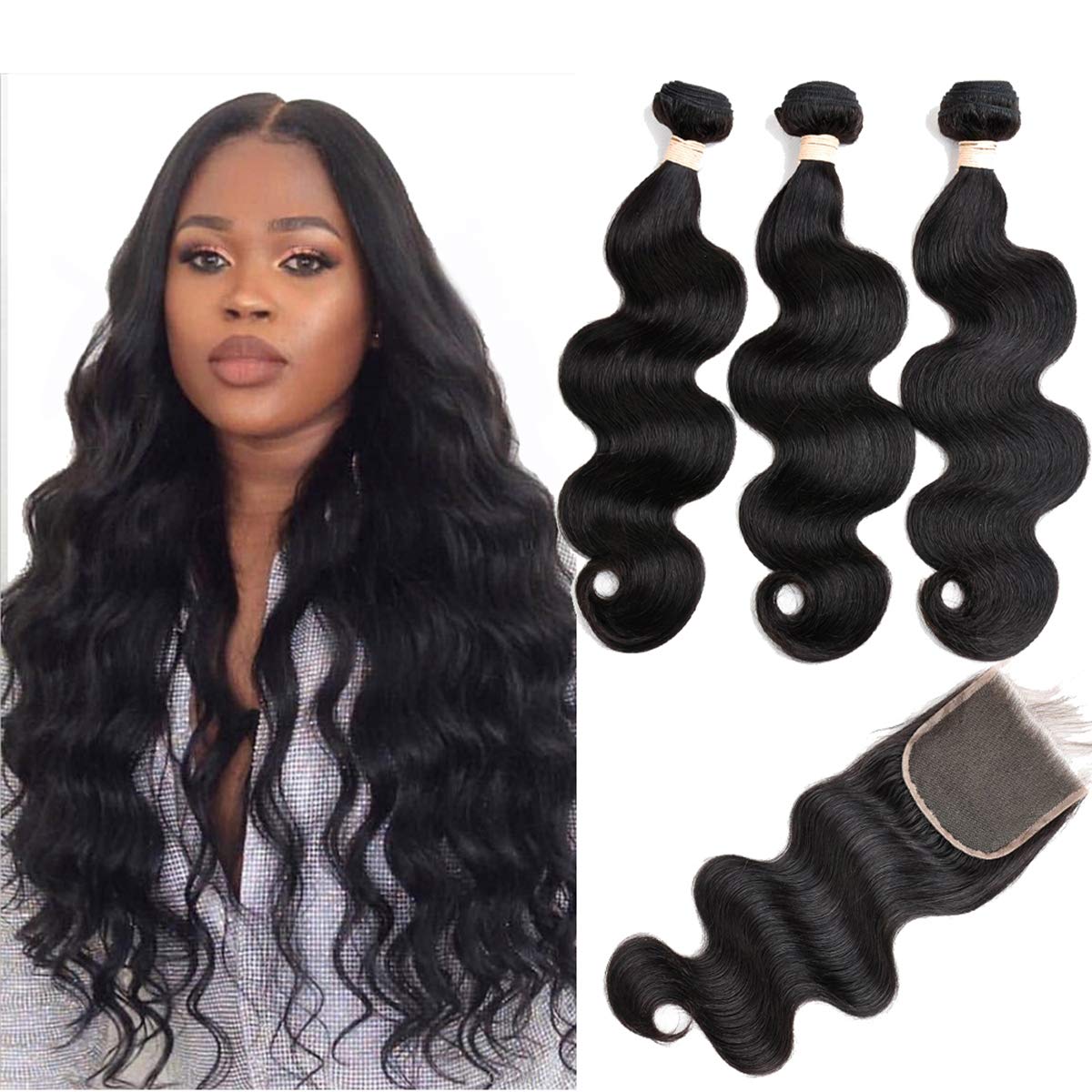 Beauhair Brazilian body wave bundles with closure: natural black color and silky texture.