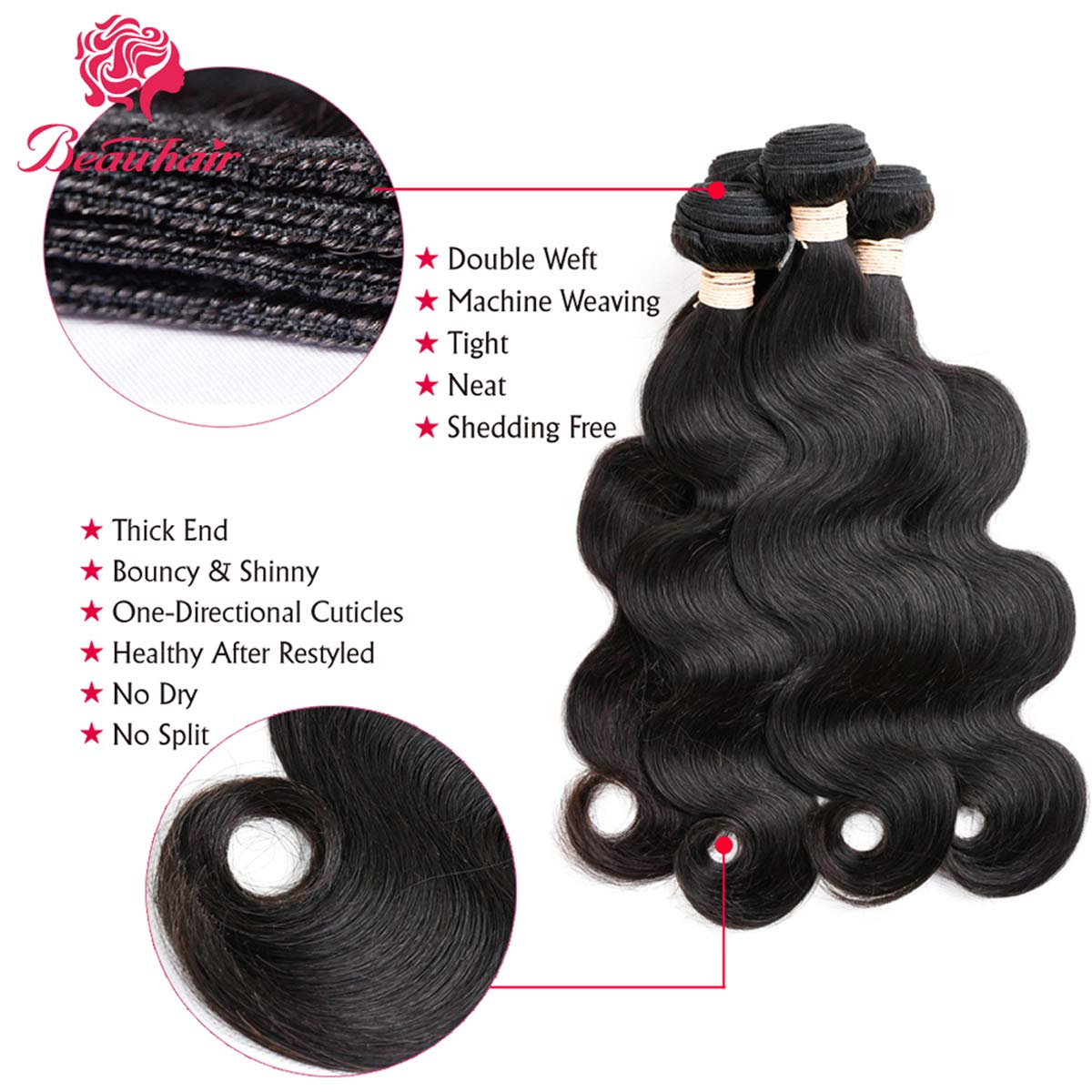 Beauhair natural black hair weft showcasing durable double-weft and tangle-free weave.