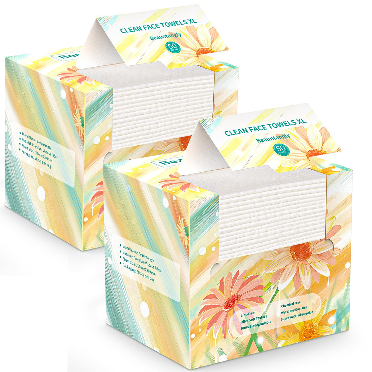Beauntangly XL disposable face towel packaging showcases biodegradable materials for eco-conscious skincare.
