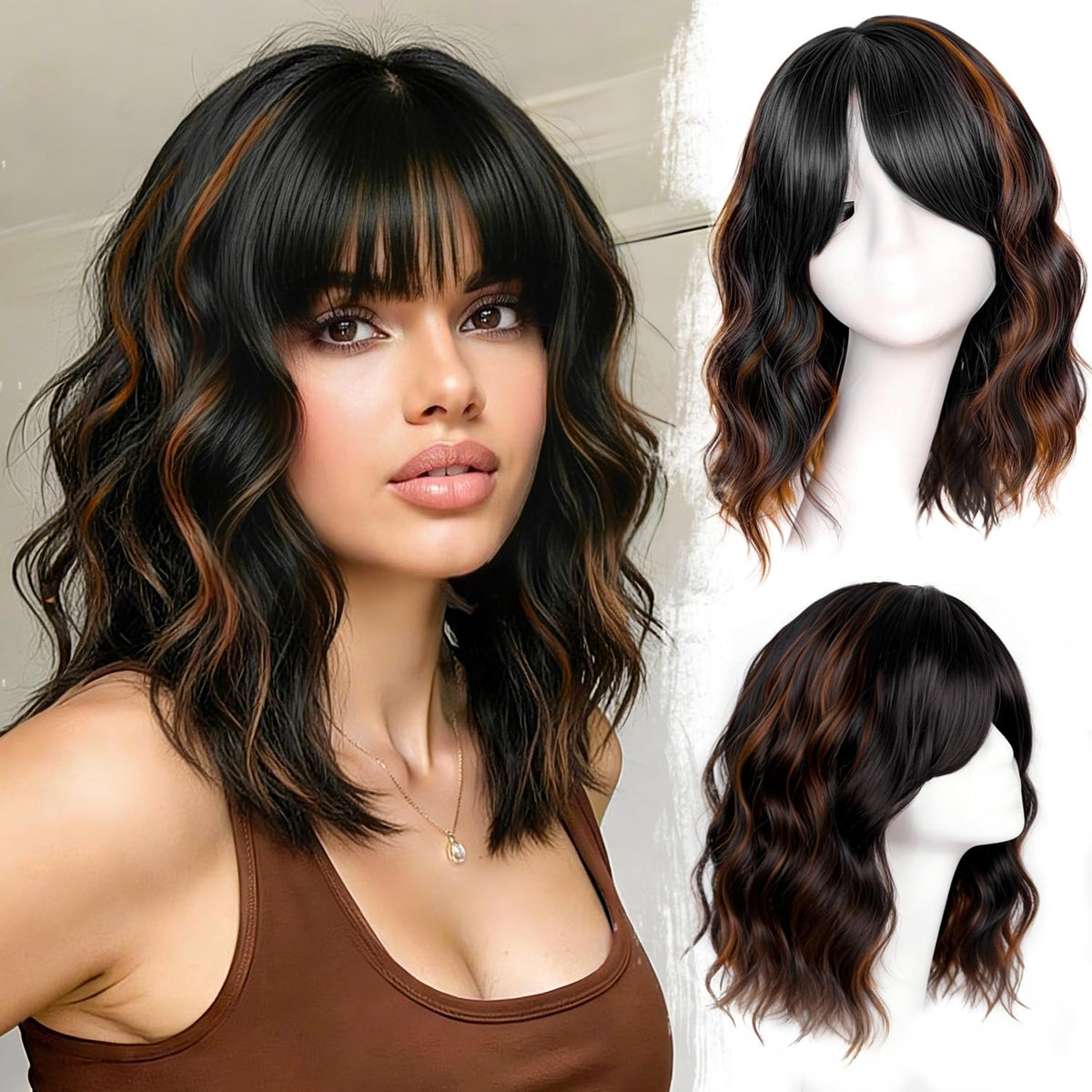 Beautier black mixed brown wig with bangs, front view, soft waves for daily wear.