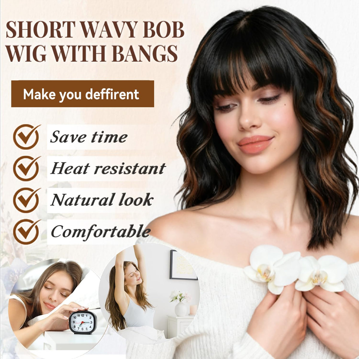 Beautier wig side view showing shoulder-length bob and smooth texture for versatile styling.