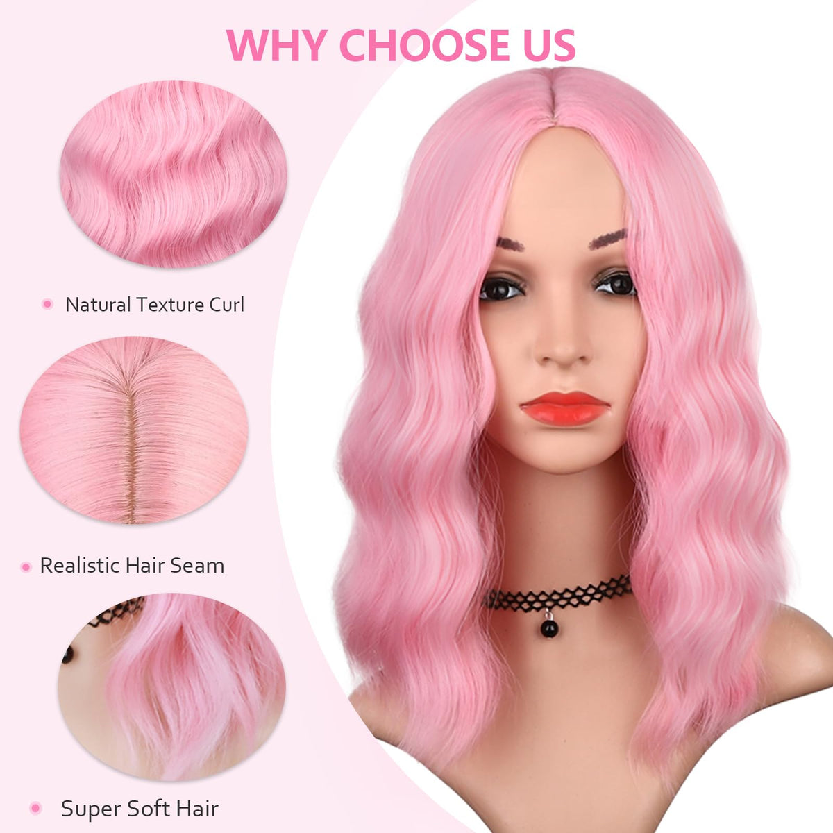 BEAUTIFA pink wig wavy bob on model suitable for party or cosplay.