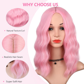 BEAUTIFA pink wig wavy bob on model suitable for party or cosplay.