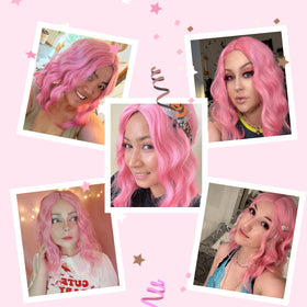 BEAUTIFA pink wig 14 inch shoulder-length style shown from side view.
