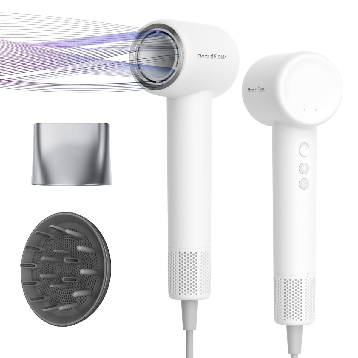 BeautiFlow hair dryer with 110k rpm motor for fast, polished drying.