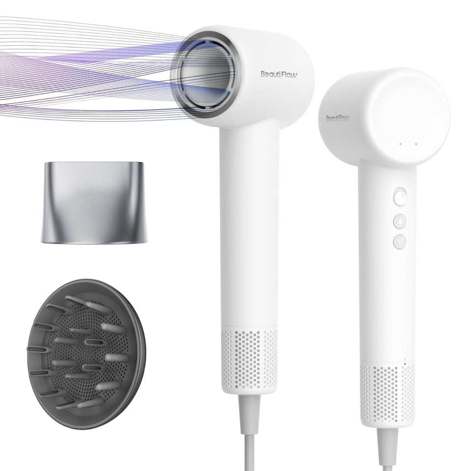 BeautiFlow hair dryer with 110k rpm motor for fast, polished drying.