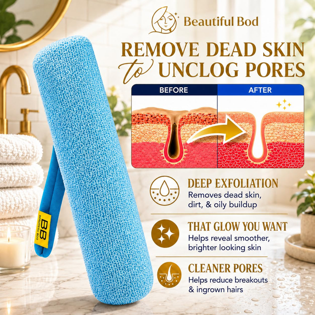Beautiful Bod Destiny Loofah with handle enables easy reach during showers.