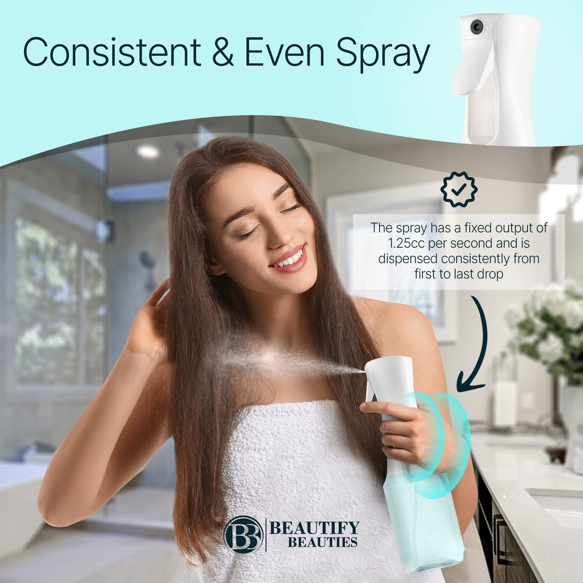 BeautifyBeauties 360 Mist Sprayer provides continuous mist for quick, uniform coverage