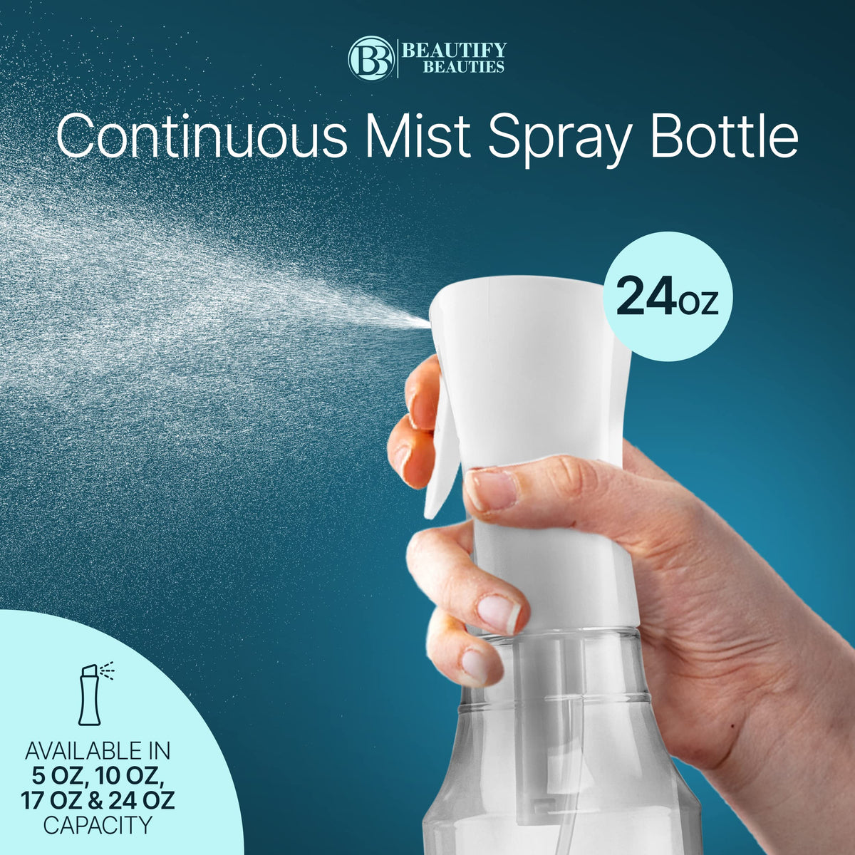 BeautifyBeauties Spray Bottle packaging emphasizes reusable design and long-lasting performance