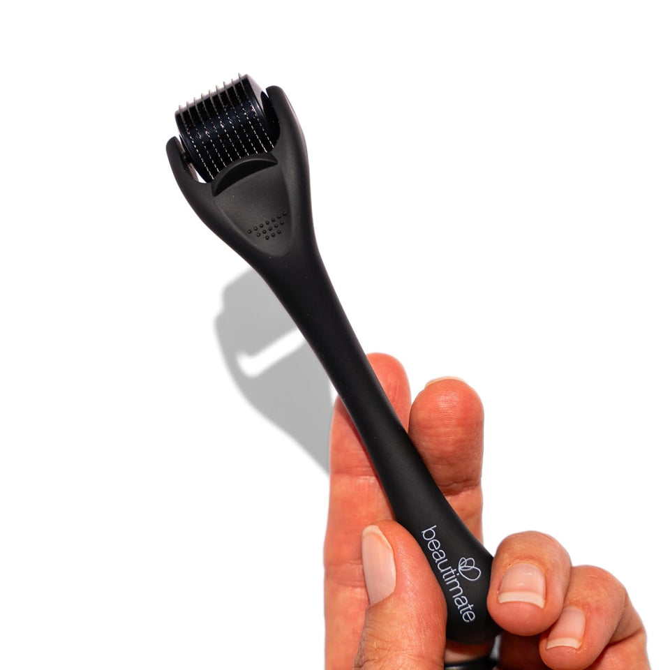 Beautimate microneedle derma roller on face for gentle skin care.