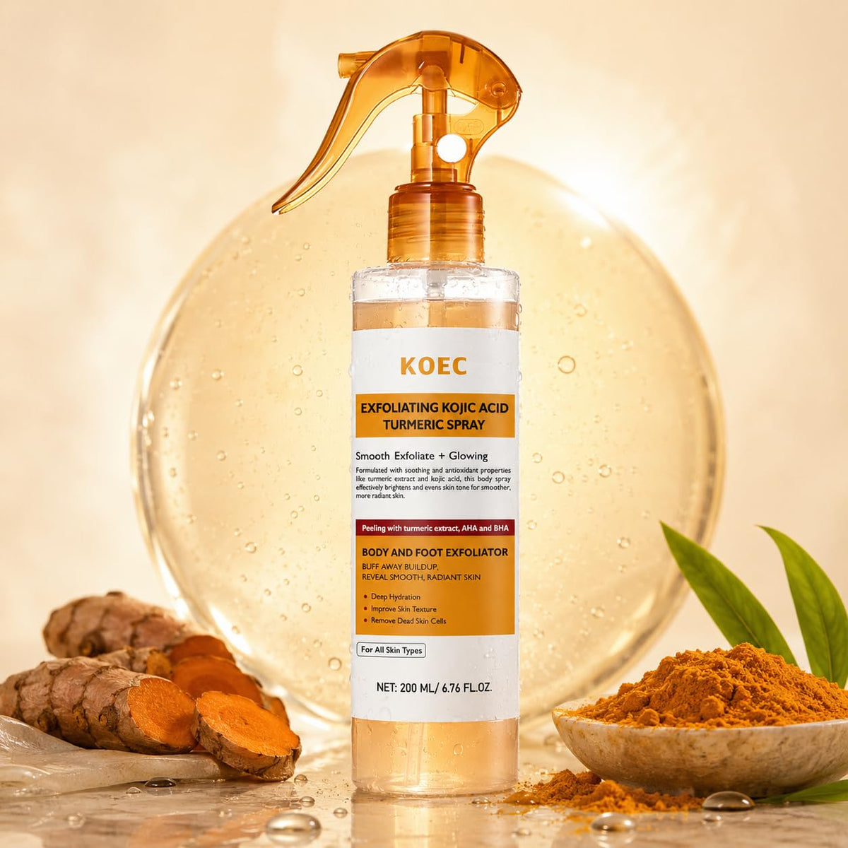 Beautivana KOEC Turmeric Exfoliating Spray application showing radiant tones.