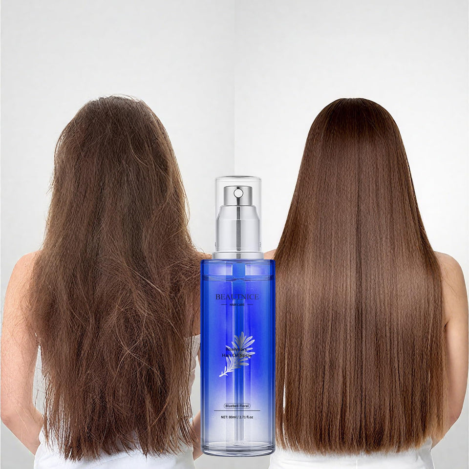 BEAUTNICE Rosemary Hair Oil Spray bottle showing frizz control and easy styling benefits.