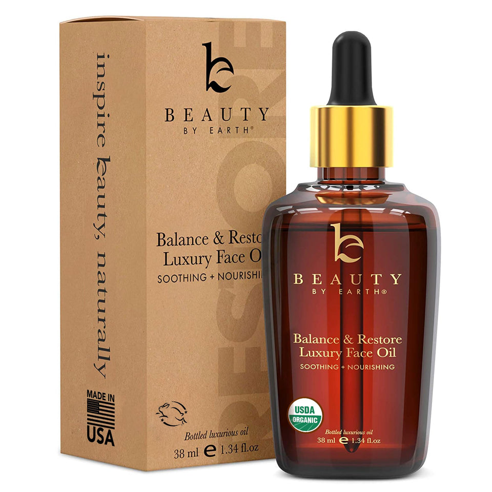 Beauty by Earth Balance bottle front signals a calming skin routine.