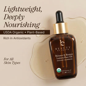 Beauty by Earth balance bottle label close up highlights organic quality.