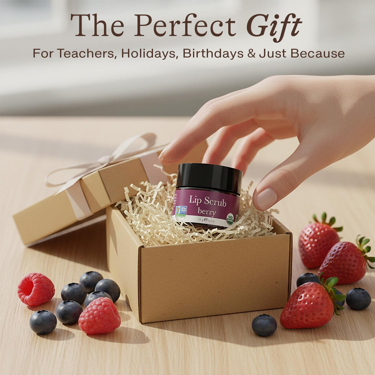 Beauty by Earth Berry Lip Scrub ingredients list on outer box.