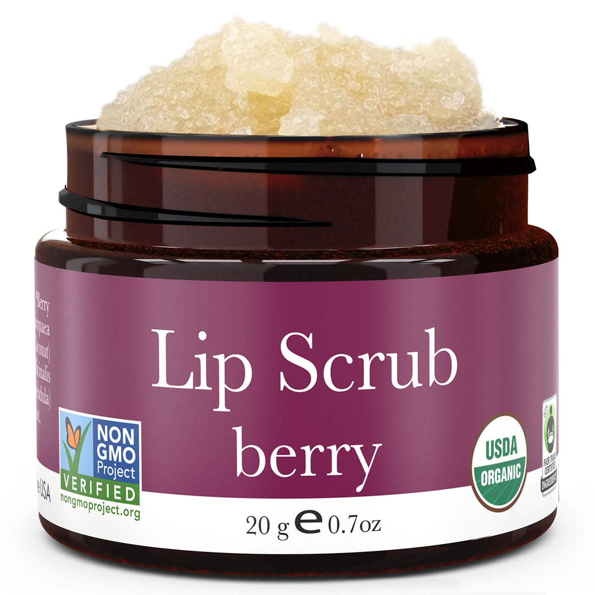 Beauty by Earth Berry Lip Scrub jar shows natural ingredients for hydrated lips.