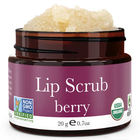 Beauty by Earth Berry Lip Scrub jar shows natural ingredients for hydrated lips.