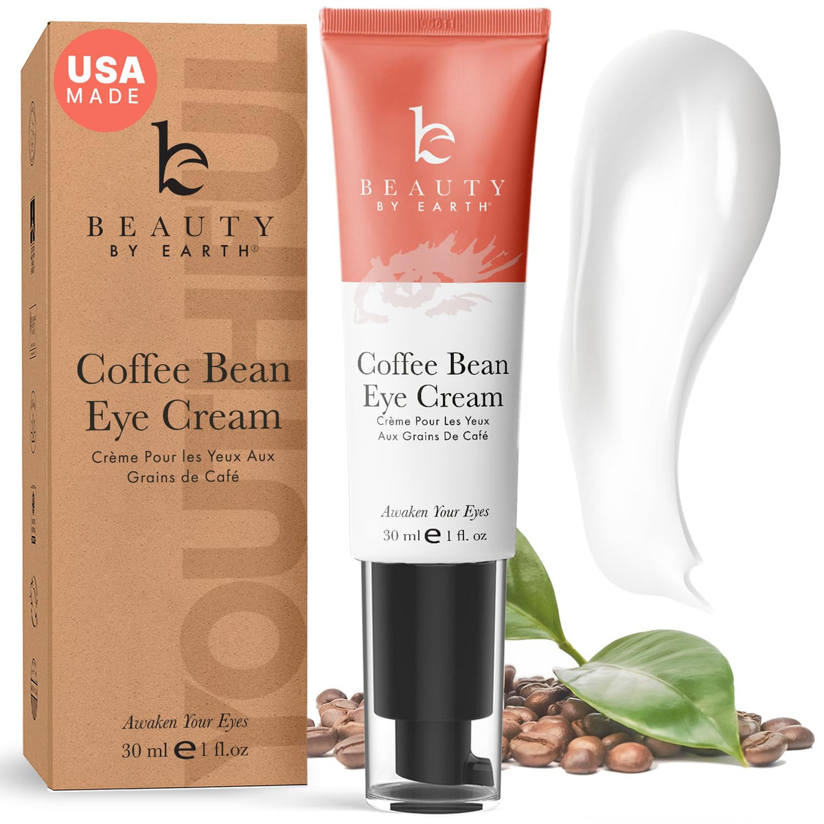Beauty by Earth caffeine eye cream tube for depuffing and brightening under-eye area