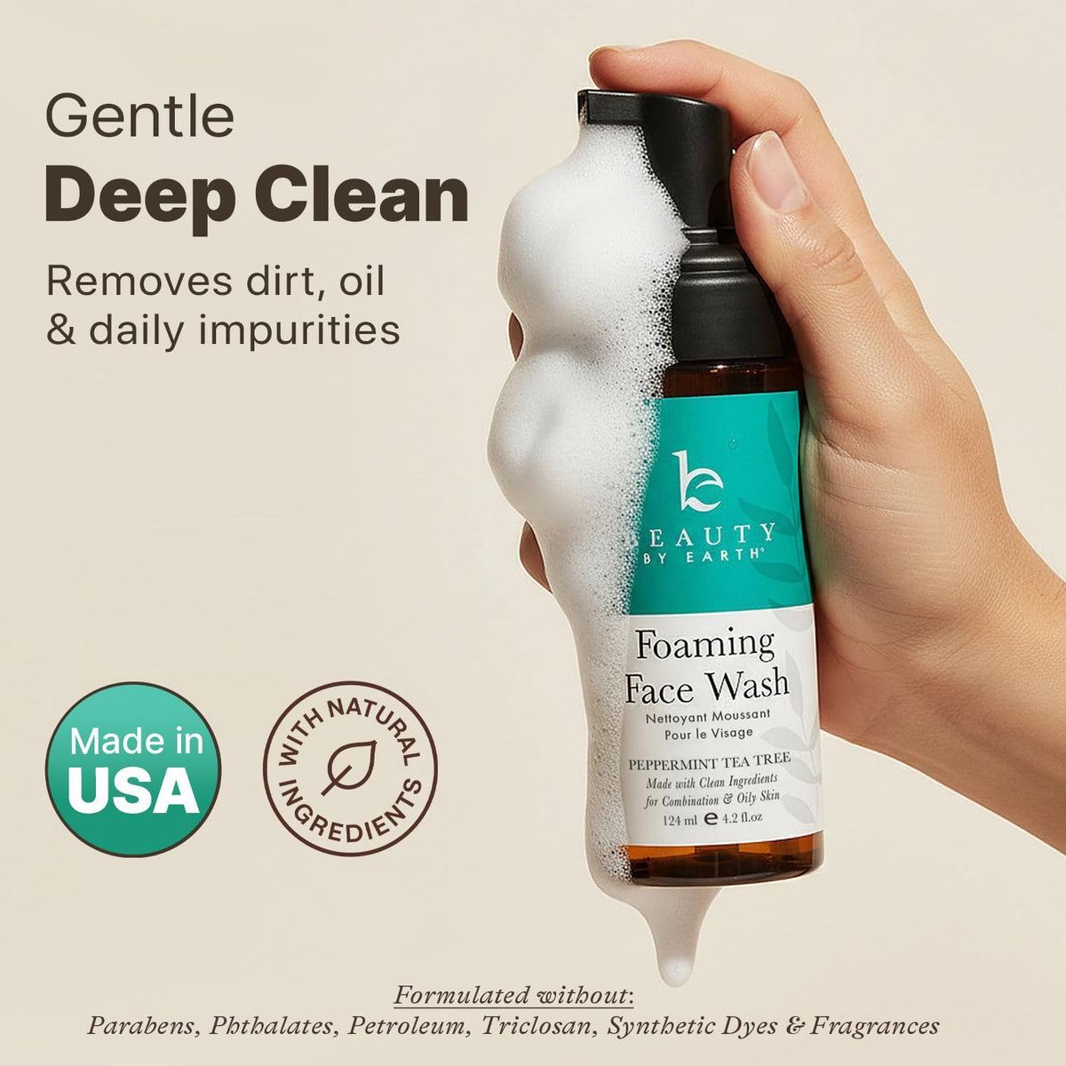 Beauty by Earth foaming face wash bubbles close-up highlighting creamy foam.