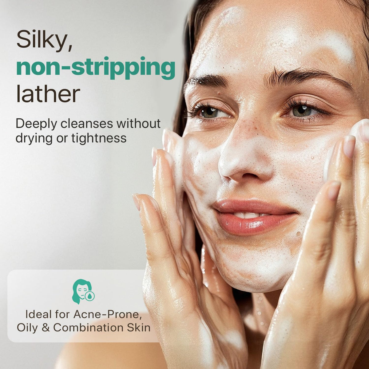 Beauty by Earth foaming face wash pump-dispense close-up showing rich lather.