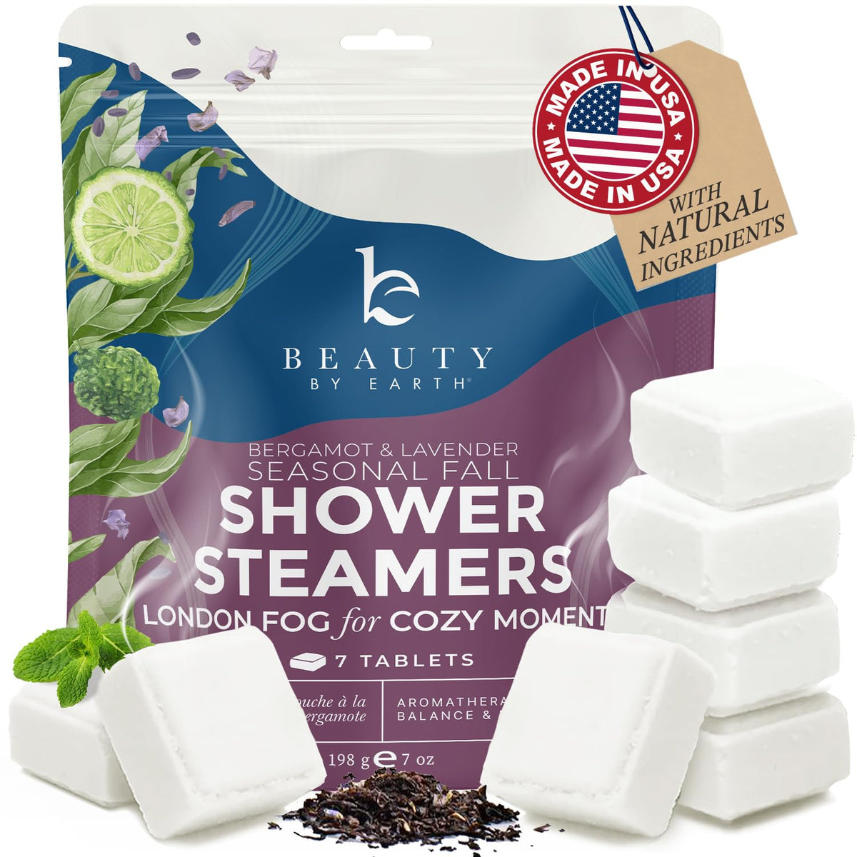 Beauty by Earth Lavender shower steamer packaging close-up for relaxing aroma.